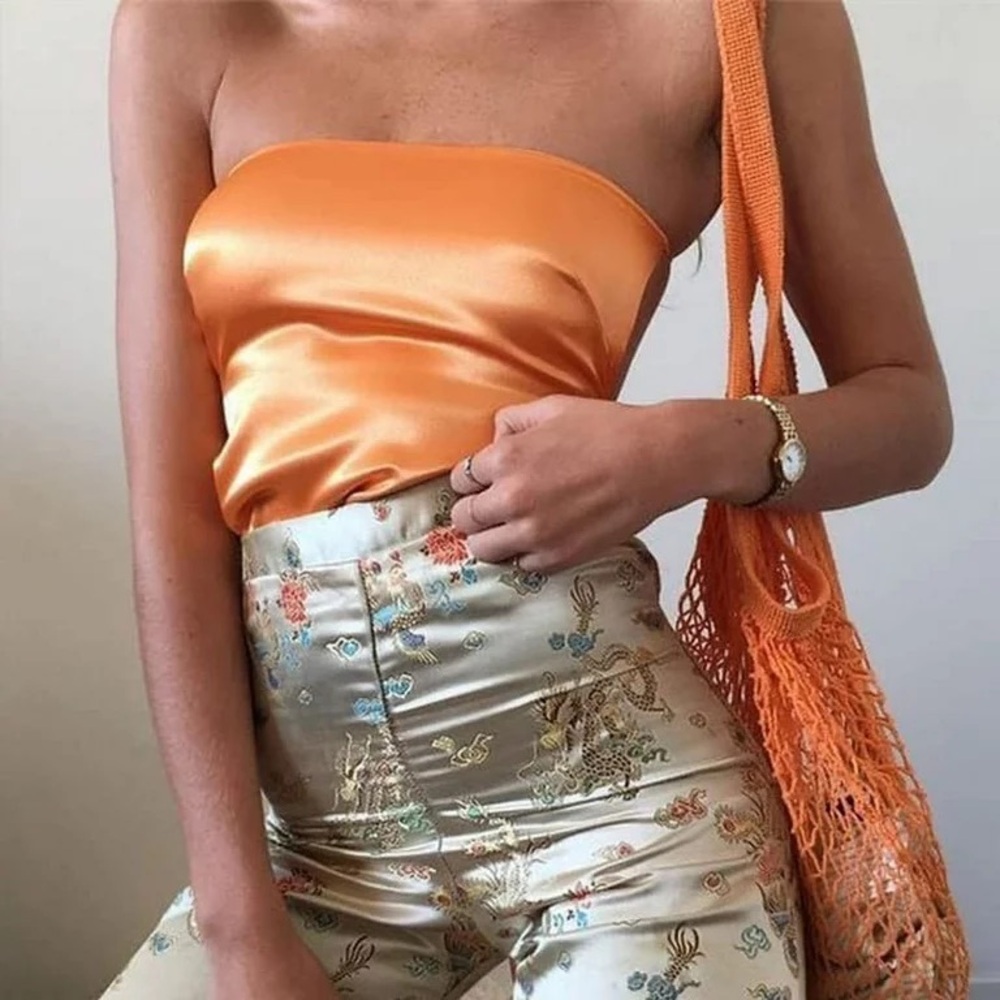 Free People Satin Orange Glossy Back Tied Strapless Tube Top Blouse